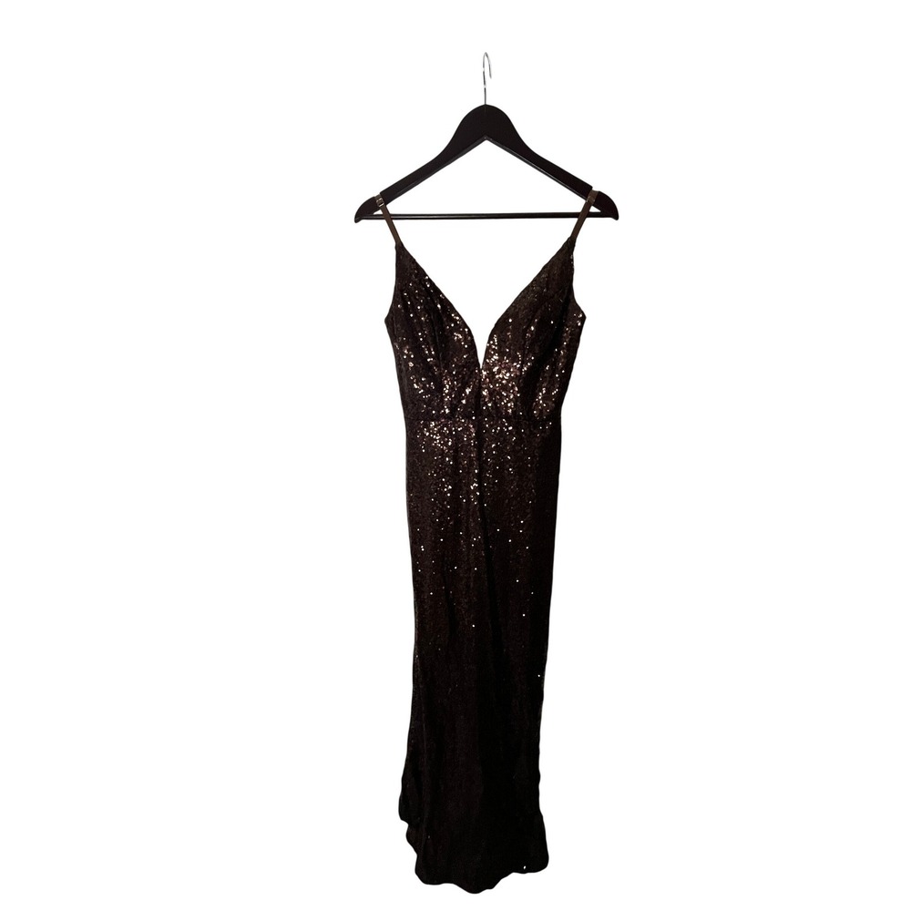 Revelry Bronze Brown Sequin V-Neck Maxi Dress Mermaid‎ Formal Gown Size 4